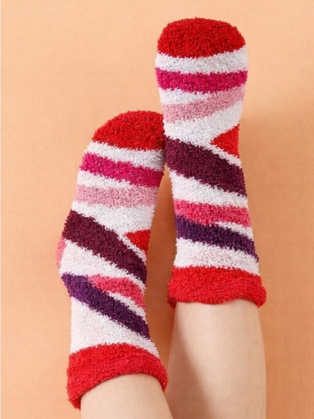 Fuzzy Pink Red and White Striped Socks